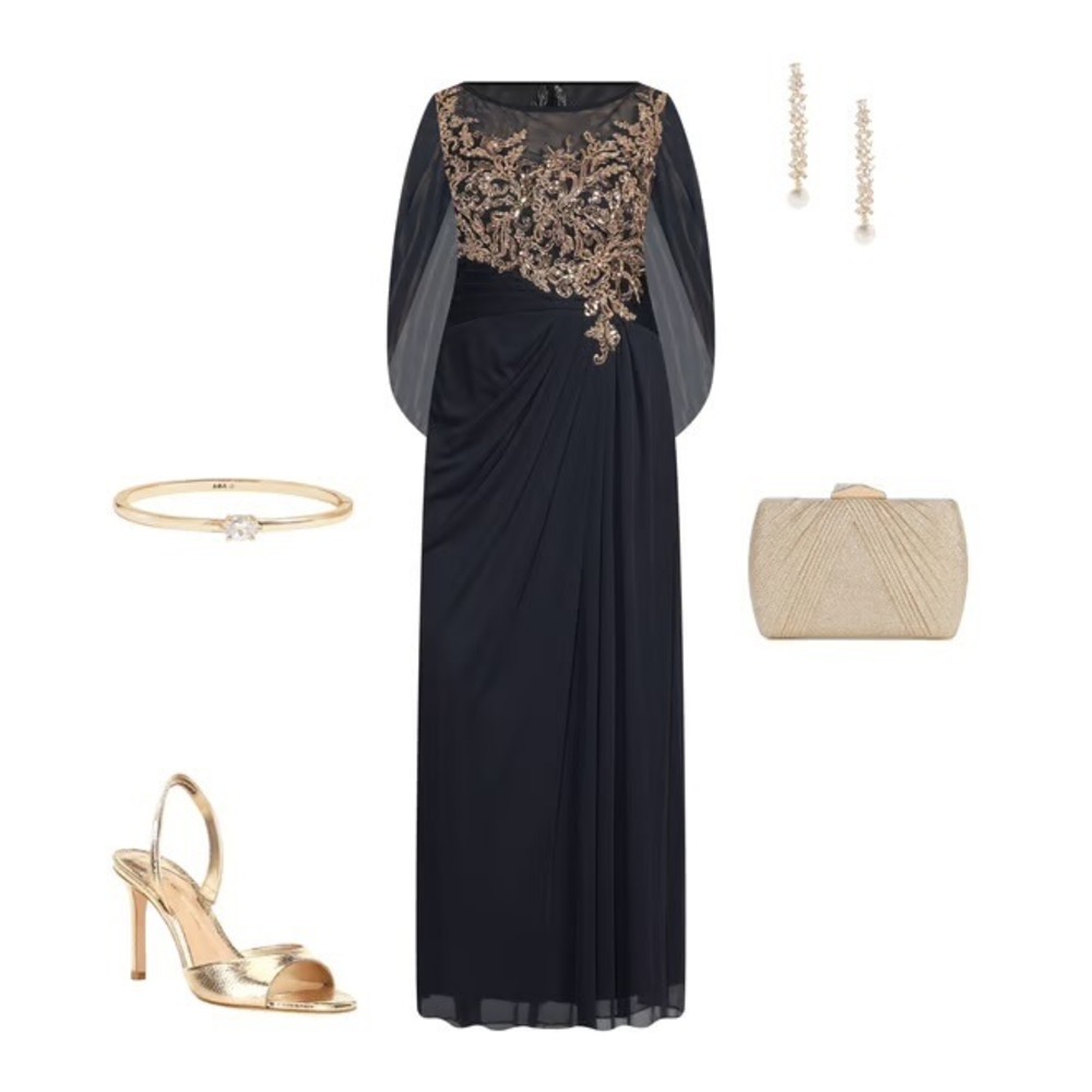 Besty & Adam Navy Sequin Gown Cowl Back Formal Evening Dress Rose Gold Applique